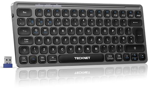 TECKNET Wireless Keyboard - 2.4GHz USB Small Compact Rechargeable Bluetooth Keyboard with 500mAh Battery Capacity for 3 Devices, Widely Compatible with Laptop, PC, UK Layout, Grey