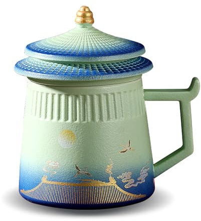 Tazza da tè con infusore e coperchio, 420 ml, in ceramica, infusore da viaggio, grande tazza da tè con filtro fine e manico, tazze da tè sfuse più ripide per gli amanti del tè
