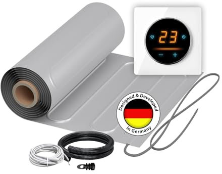 Elektrische Fußbodenheizung: Zweiader-Heizmatte mit Aluminiumfolie WARMON ALU 150 W/m² mit WiFi-Thermostat OKE-25 Touch und Glass-Abdeckrahmen, Thermostat:OKE25 Garda Weiß, Mattengröße:15 m²