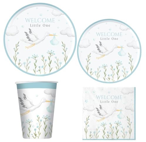 Kit Welcome Little One Blue para nacimiento masculino, con platos, vasos, servilletas y mantel, ideal para baby shower o fiesta de bienvenida de niño – Varzi desde 1956 (kit 36 personas)