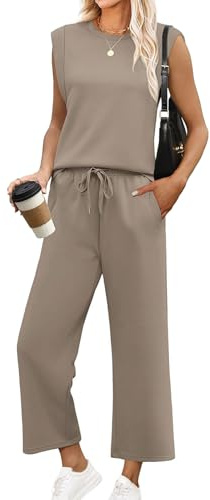 Baenxo Damen ärmelloses Oberteil und Hose mit weitem Bein 2-Teiliges Set,Frauen Casual Sleeveless Top Wide Leg Crop Pants Zweiteilige Sets