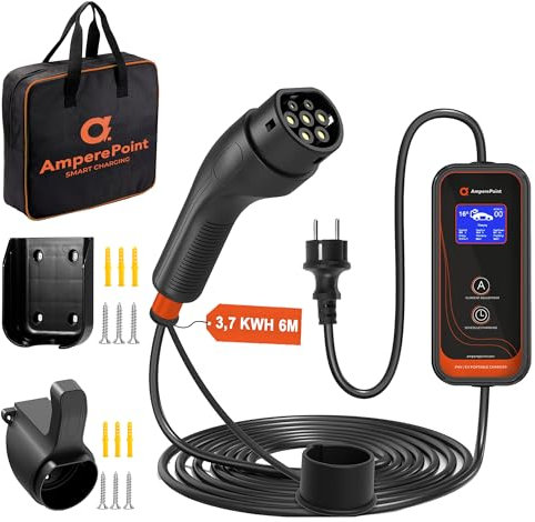 Ampere Point Mobile Wallbox 3,7 kW 16A Typ 2 Ladestation mit Einstellbarer Ladeleistung 6-16A, Ladekabel mit Länge 6 m mit Netzanschluss 230 V, Tragbares EV-Ladegerät für Elektroautos mit Tragetasche
