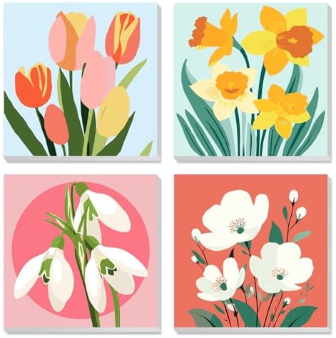 MXJSUA 4 Pack Framed Canvas Paint by Numbers for Kids Adults, Flowers Tulips Paint by Numbers Kit for Children Beginners, DIY Acrylic Painting Craft Kits for Home Wall Decor, 20x20cm