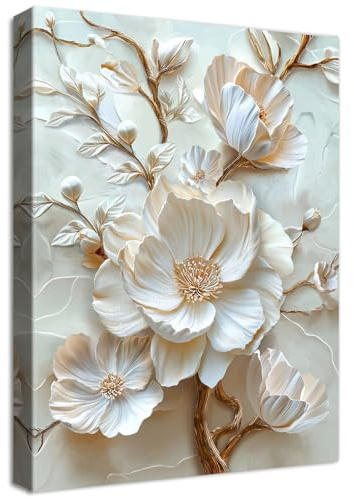 HALFLEMART Leinwand Bilder Mit Rahmen 3D Blüte der Weißen Pfingstrose Bild Beige Blumenmuster Wandbilder Wandkunst Kunstdruck auf Leinwand Malerei Wohnzimmer Schlafzimmer Esszimmer Wanddekor 40x60cm
