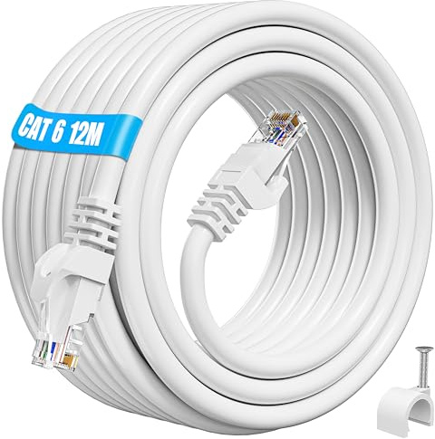 ikbc Cat 6 Ethernet Cable 12m White, Gigabit RJ45 LAN Network Lead | stable 23AWG conductors, ideal for PS5 gaming & office, discreet white round design, includes 12 clips, fits Sky & BT