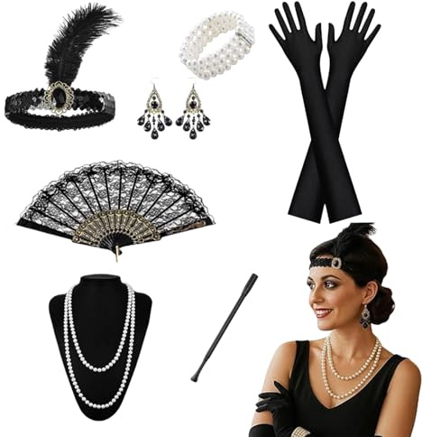 AWAVM 1920er Jahre Kostüm Damen Accessoires,20er Jahre Accessoires,1920 Zubehör Set mit Flapper Stirnband Handschuhen Perlenkette Ohrringen,Perfekte für Federboa Schwarz, Karneval, Fasching