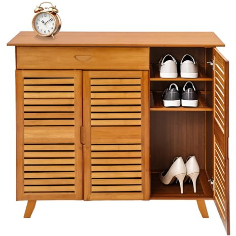 HIKUUER Zapatero de bambú de 96 x 33 x 90 cm, 3 Puertas, Zapatero con 1 cajón, para Entrada de casa, Oficina, salón