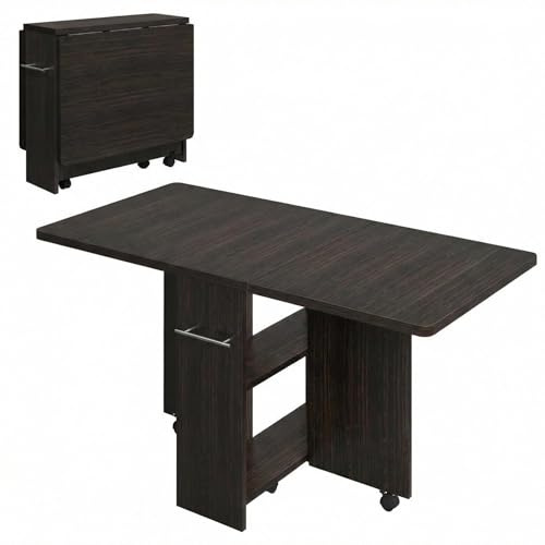 Crevyteg Table de salle à manger pliante avec roulettes, table de cuisine extensible avec 2 étagères de rangement, table peu encombrante pour les petits espaces, cuisine, appartement, bureau
