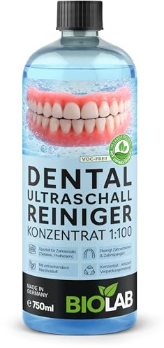BIOLAB Dental Ultraschallreiniger Konzentrat (750 ml) zur Reinigung von Zahnersatz, Zahnschienen und Zahnspangen - Dental Ultraschall Reiniger Flüssigkeit für Ultraschallreinigungsgerät