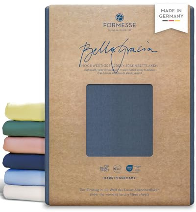 Formesse – Bella Gracia Jersey Spannbettlaken 120x190-130x220cm - bis 25cm Höhe - 97% Baumwoll-Kompaktgarn/Spannbetttuch aus Deutschland/Baumwoll Bettlaken mit Elasthan - Farbe Blaugrau