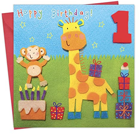 Twizler Geburtstagskarte zum 1. Geburtstag, für Kinder, mit Giraffe und Affe