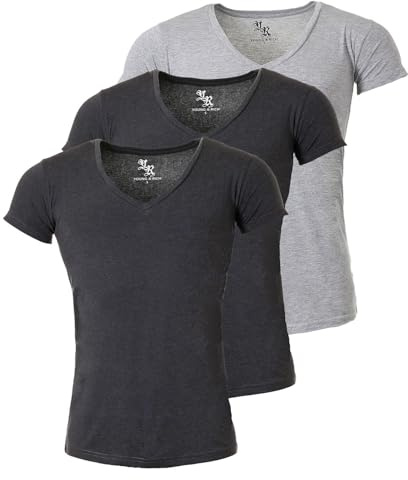 Young & Rich Herren Uni T-Shirt mit extra tiefem V-Ausschnitt slimfit stretch Dehnbare Passform einfarbiges Basic Shirt - 3er Pack