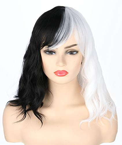 Topcosplay Damen Perücke Halb Schwarz und Halb Weiß Lange Natürliche Gewellte Perücken für Kostümparty Halloween Karneval