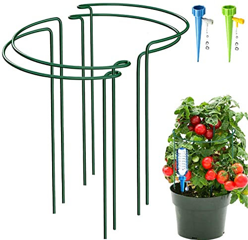 4 Pack Half Round Garden Plant Support Stakes, Metal Bow Type Flower Supports Ring Cage with 2 Self Watering Spikes for Peonies, Hydrangea, Interlinking to Make Garden Border, Rows, Circles(25x40cm)
