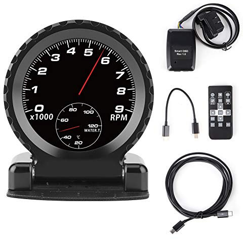 OBD-Anzeige, multifunktionales digitales Auto Camus Smart Meter i runde LCD OBD2 Turbo Mechanische Boost Wassertemperatur Drehzahl Öltemperatur Öldruck Volt Racing Armaturenbrett Anzeige(Schwarz)