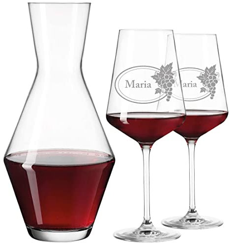 3er Set Leonardo Rotweingläser und Weinkaraffe Personalisiert mit Gravur - Rotweingläser Geschenk zum Geburtstag - Motiv Wein Emblem
