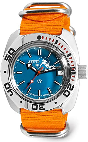 VOSTOK Scuba Dude Amphibian Automatik-Automatik-Armbanduhr für russische Taucher, WR 200 m, modisch, Business, legere Herrenuhren, Modell 710059, Orange/Abendrot im Zickzackmuster (Sunset Chevron),