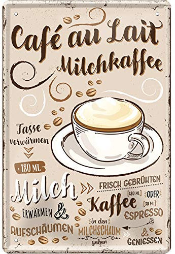 schilderkreis24 – Blechschild Kaffee Spruch “Cafe au Lait Milchkaffee“ Deko Schild Espresso Cafe Restaurant Bar Cafeteria Bistro Geschenkidee Retro Küche Geschenk Geburtstag Weihnachten 20x30 cm