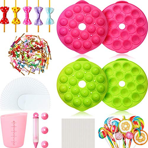 2 Sets Cake Pop Maker Set 3D 18-Loch Runde Form Silikon Lutscher mit 100 Stück Kunststoff Lollipop Stäbchen, Taschen, bunte Schleife Twist Krawatten für DIY Candy