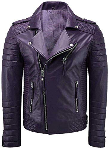 HiFacon - Giacca vintage da uomo, trapuntata, stile vintage, da motociclista Viola - Pelle 3XL