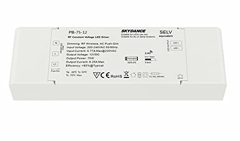 Trasformatore Alimentatore Dimmerabile 12V 75W con Pulsante N.O. Push Dimmer – Compatibile con Telecomando RF 2.4G (non incluso), Per Striscia LED 12V, Skydance PB-75-12