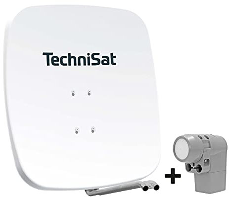 TechniSat SATMAN 65 PLUS – Satellitenschüssel für 4 Teilnehmer (65 cm Sat Komplettanlage, Spiegel mit Masthalterung und UNYSAT Universal-Quattro-Switch LNB im Wetterschutz-Gehäuse) weiß