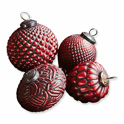 Loberon Weihnachtsschmuck 4er Set Meyen, Verschiedene Designs, Besondere Musterung, Nostalgie-Charme, Christbaumschmuck, Weihnachtsdeko, Weihnachten, Glas, Eisen, rot