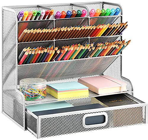 Marbrasse Netz-Schreibtisch-Organizer,Multifunktionaler Stiftehalter,Organizer Schreibtisch,Aufbewahrungs Regal für Schul und Heim Büro Bedarf (Silber mit Schublade)