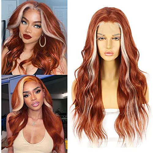 Sapphirewigs Kupfer Rot Körper Welle Spitze Front Perücke Highlight Synthetische Perücken für Frauen 13x3 Cosplay Party Täglich tragen Halloween Hitzebeständige 24 inch