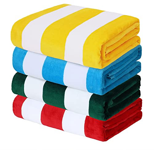 Yebeda 4er-Set Strandtuch 180x90 cm Große Strandtücher aus Baumwolle, Weiche und Saugfähige Badetuch Pooltuch Duschtuch mit Streifenmuster, Blau,Grün,Rot,Gelb