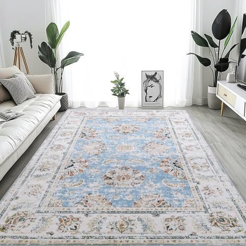 TOPICK Blau Teppich 90x150cm Wohnzimmer Waschbar Superdünne Vintage Blumen Kurzflor Lang Küche Schlafzimmer Wohnzimmer Mädchen Floral Antirutschunterlage Zusammenklappbar