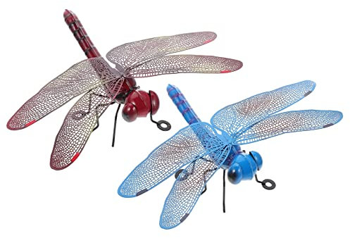 DOITOOL Metall Libelle Wanddeko Eisen Kunst Wandschmuck 2 Stück Insekten Wandkunst Metall Wandobjekt Blau Rot Büro Garten Zaun Wand Haustür Restaurant Cafe Party Dekoration