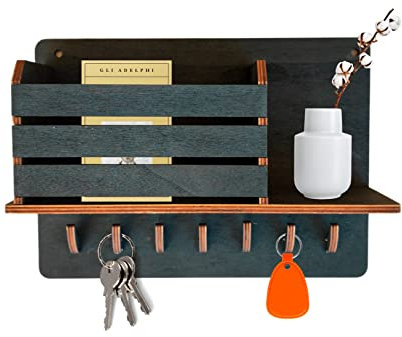 Pekiedo Vide-poche murale en bois, porte-clés murales, entrée moderne, idée cadeau originale, décoration maison, porte objets, accessoires (Noir)