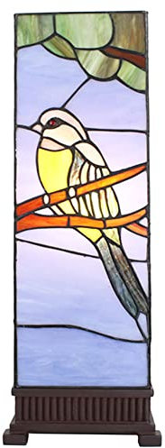 Clayre & Eef Tiffany Tischlampe 18x18x48 cm Blau Glas Kunststoff Vogel Schreibtischlampe Tiffany
