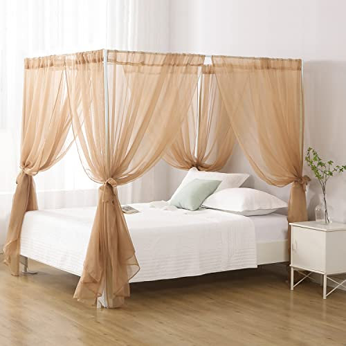 WANFASO Prinzessinnen-Chiffon-Betthimmel, Baldachin-Vorhänge für Queensize-Bett Erwachsene, 4 Bett-Vorhänge Raumdekoration (heller Kaffee)