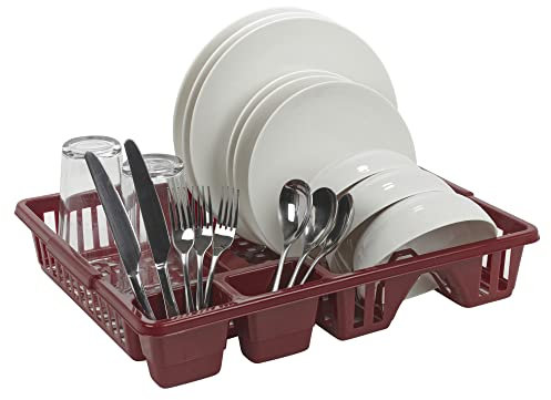 URBNLIVING Plastic Compact Kitchen Sink Dish Drainer with Cutlery Draining Board Basket Utensil Holder Organiser (Red)