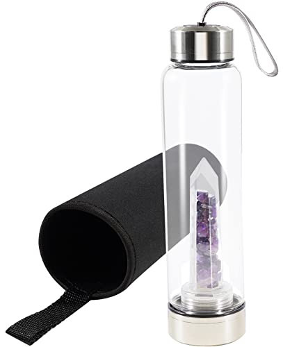 Soulnioi Kristallglas Wasserflasche Kristall, Trinkflasche Sechseckiges Glas Schutzhülle mit zerkleinerten Steinen Abnehmbar Tragbar Auslaufsicher Edelsteinflasche Kreatives Geschenk- Lila/550ML