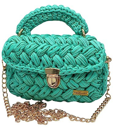 Borsa a Mano Donna all'Uncinetto Colours, Realizzata a mano in uncinetto, Intrecciata di filo con catena a tracolla, Colorata Cotone Morbida (Verde Acqua)