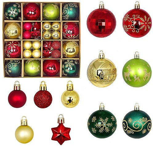 Fouriding 42 Stücke Weihnachtskugeln Kunststoff Christbaumkugeln Hängende Dekoration für Weihnachtsbaumschmuck Dekoration (Rot Grün Gold)