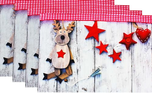 KAMACA 4er Set Tischsets Platzsets Platzmatten aus Stoff für Küche Esstisch waschbar Eyecatcher Winter Advent Weihnachten Größe 30x45 cm (4er Set Rentier und Sterne auf Holz 45x30 cm)
