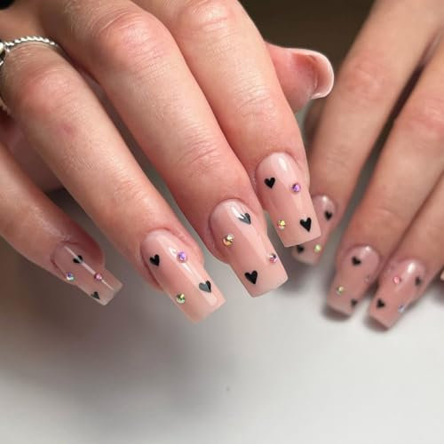 MouyouGlow Press on Nails Kurz,Square Nude Rosa Black Herz Muster Diamant Schwarz Heart Fake Nails mit Nagelkleber,Valentinstag Künstliche Fingernägel