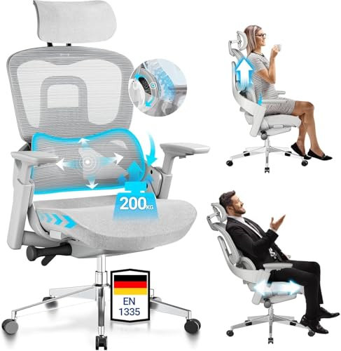 MELOKEA Bürostuhl 200KG gegen Rückenschmerzen, Office Chair mit Dynamische Lordosenstütze, 4D-Armlehnen, Rückenlehne Höhenverstellbar, Verstellbare Sitztiefe, EN 1335 Bürostuhl ergonomisch,Grau