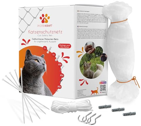 PFOTENKRAFT Premium Katzennetz aus Polyester für Balkon & Fenster ohne Bohren 3 x 6m - großes Balkonnetz transparent, reißfest & wetterfest - Katzenschutznetz Fenster - inkl. Befestigungsmaterial