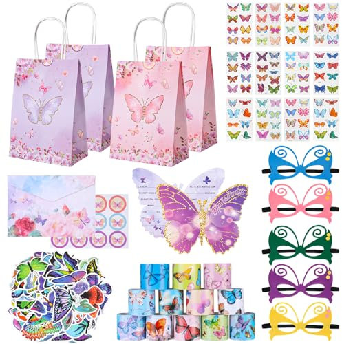 122 Stk Schmetterling Party Mitgebsel Kindergeburtstag Mädchen mit Schmetterling Einladungskarte Mask Geschenktüten Schnapparmband Tattoos Aufkleber, Party Kindergeburtstag Gastgeschenke Mitgebsel Set