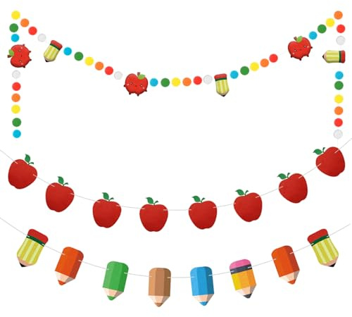 3pcs Felt Banner Cute Decorations willkommen zurück Girlande, Filzgirlande Apfelstift süßes Klassenzimmerdeko farbenfrohes Hängebanner, zurück zur Schule Banner für ersten Schultag Banner(8.2ft)
