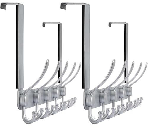 Dseap Over The Door Hook Hanger - Fits 35mm to 45mm Doors | 5 Tri Hooks Heavy Duty Towel/Coat Rack | Door Organizer for Clothes, Jackets, Hats, Towels, Silver, Pack of 2