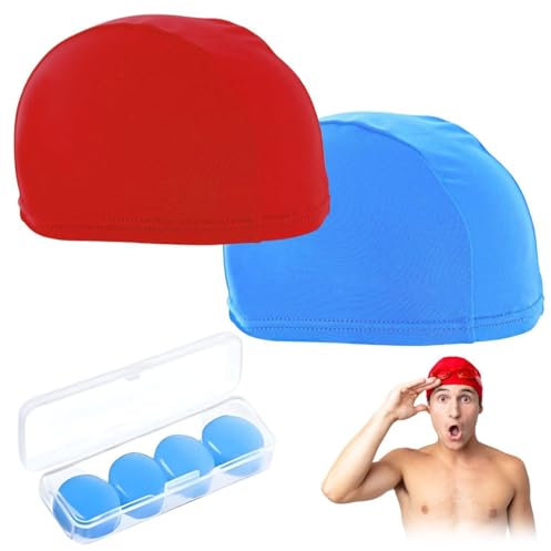 OUVESTA® Set mit 2 Poolkappen + 4 Silikonkappen | Badekappe für Damen und Herren, ideal für SPA, Wasserball usw. (blau-rot)