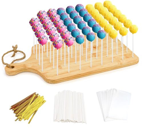 Premium Bamboo Cake Pop Ständer mit 52 Löchern, inklusive 100 Cake Pop Sticks und Wrappers Lutscher Halter für Geburtstage, Feiertage, Hochzeiten, Cake Pop Ständer zum Trocknen und Präsentieren von