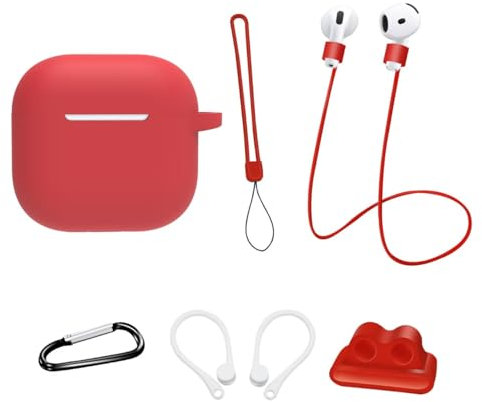 Étui de Protection en Silicone pour Airpods 4 Gen (2024): AIYAAIYA Ensemble D'accessoires 8 en 1 pour Airpod avec Support Apple Watch/Porte-clés/Corde Anti-Perte/Sangle/Crochets d'oreille (Rouge)