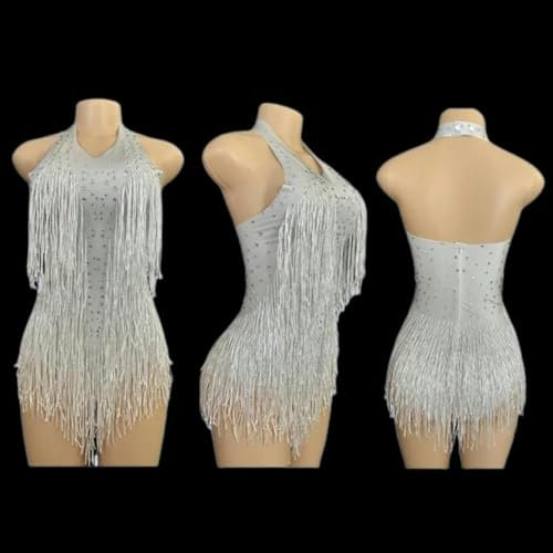 PKINN Body con Frange e Strass Scintillanti per Donna, Costume da Ballo per Feste in Discoteca, Abbigliamento da palcoscenico, Body Sexy con Nappe, Abbigliamento da Spettacolo G7-Bianco-L-XL